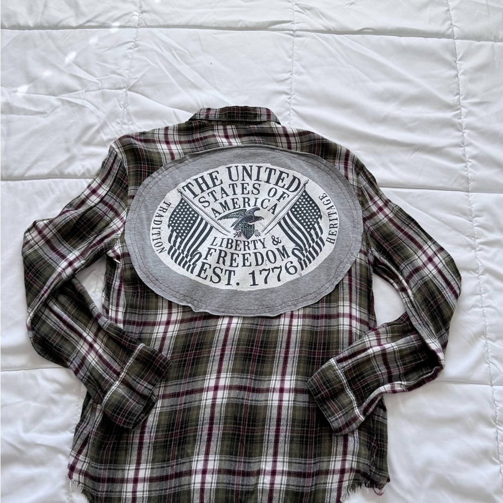 Express Dark Green & Burgundy Plaid Button Down with Graphic Back